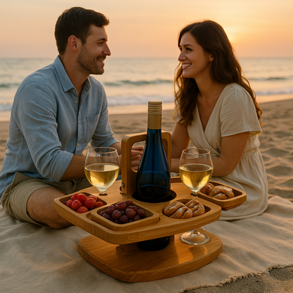 Foldable Wooden Wine Table with Snack Compartments, Glass Holders and Bottle Holders