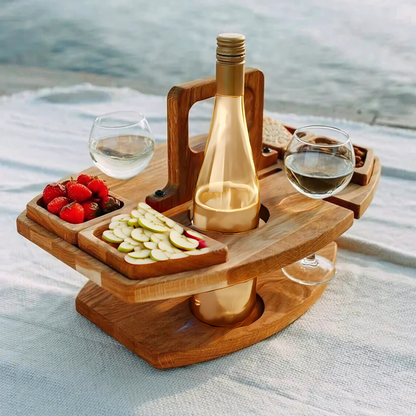Foldable Wooden Wine Table with Snack Compartments, Glass Holders and Bottle Holders