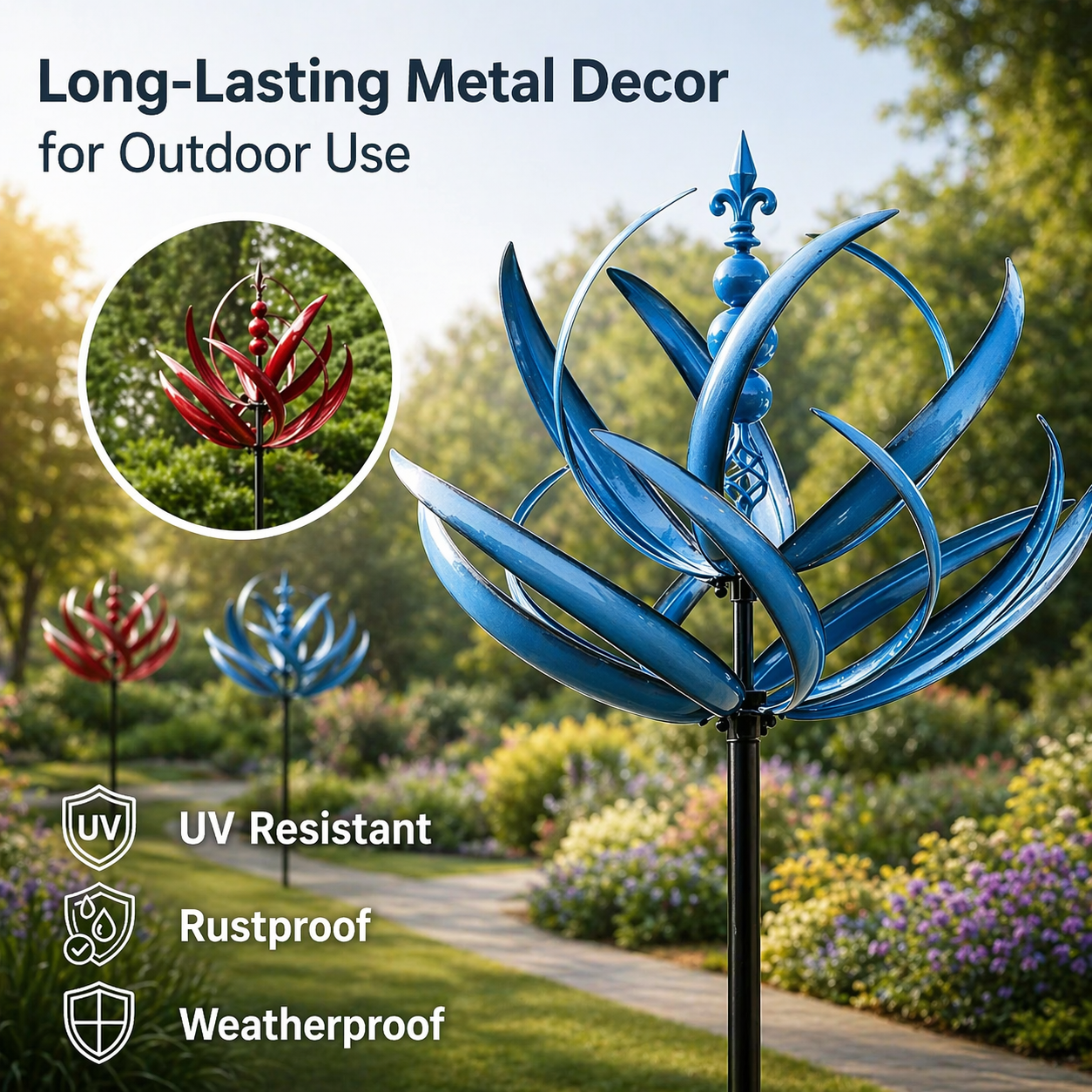 Rotating Metal Wind Spinner in Lotus Shape with Rust-Resistant UV Coating Finish