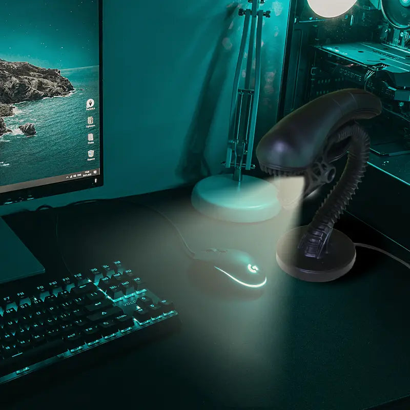 Biomechanical Alien Creature Desk Lamp, Handcrafted Resin LED Lamp with Weighted Base, USB, 7 Inch