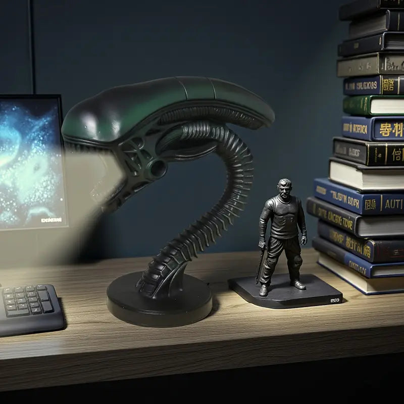 Biomechanical Alien Creature Desk Lamp, Handcrafted Resin LED Lamp with Weighted Base, USB, 7 Inch