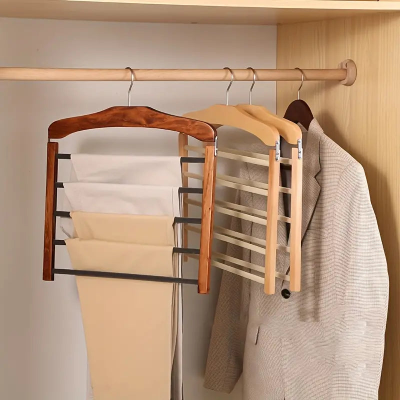 Wooden Multi Bar Trouser Hanger with Metal Hardware, Space Saving Closet Organiser for Trousers