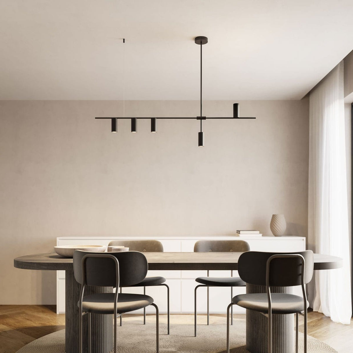Modern LED Pendant Light in Sprayed Aluminium with Warm Glow, Adjustable Height for Dining Rooms