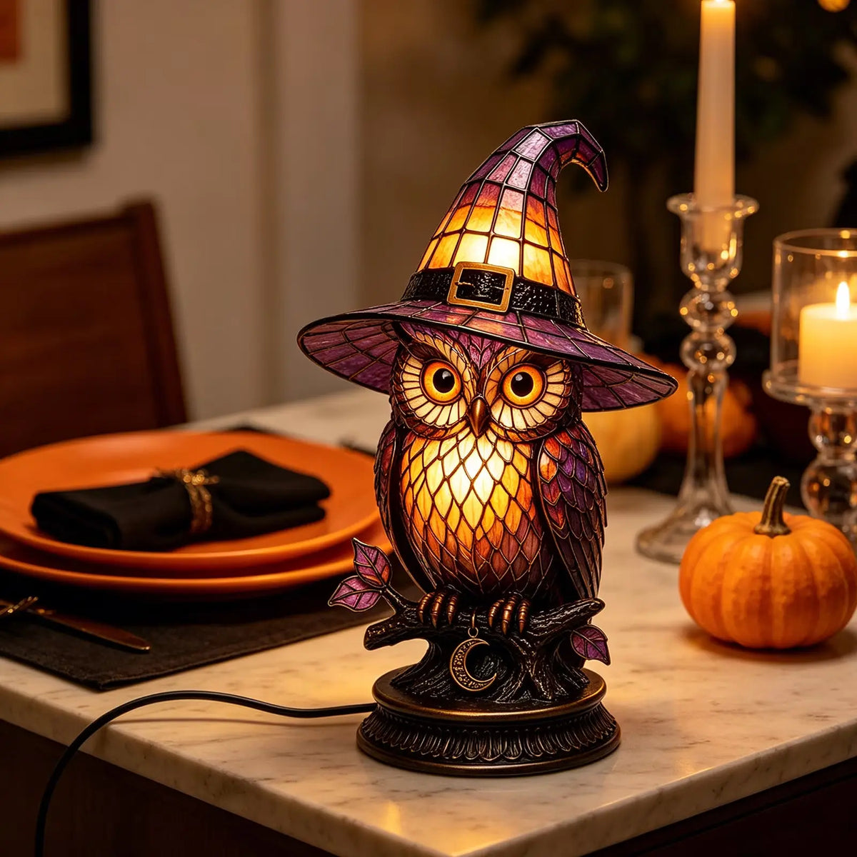 Owl Stained Glass Witch Hat Lamp, Gothic Halloween Accent Lamp with Resin Owl and Bronze Base