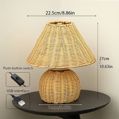 Bamboo Woven Desk Lamp with USB-Powered Ambient Glow, Handwoven Boho Rustic Style