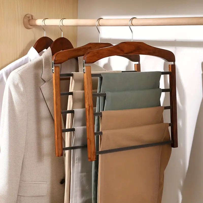 Wooden Multi Bar Trouser Hanger with Metal Hardware, Space Saving Closet Organiser for Trousers