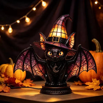 Bat Wing Black Cat Stained Glass Witch Hat Lamp, Gothic Halloween Accent Lamp with Bronze Base