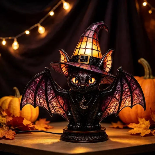 Bat Wing Black Cat Stained Glass Witch Hat Lamp, Gothic Halloween Accent Lamp with Bronze Base