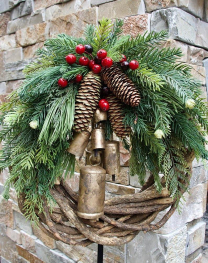 Farmhouse Christmas Wreath Boho Rustic Vine Wreath with Pinecones Berries and Golden Bells 17 Inch