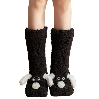 Cute Dog Fuzzy Socks Winter Fleece Leg Warmers with Fluffy Ears Embroidered Face One Size Slippers
