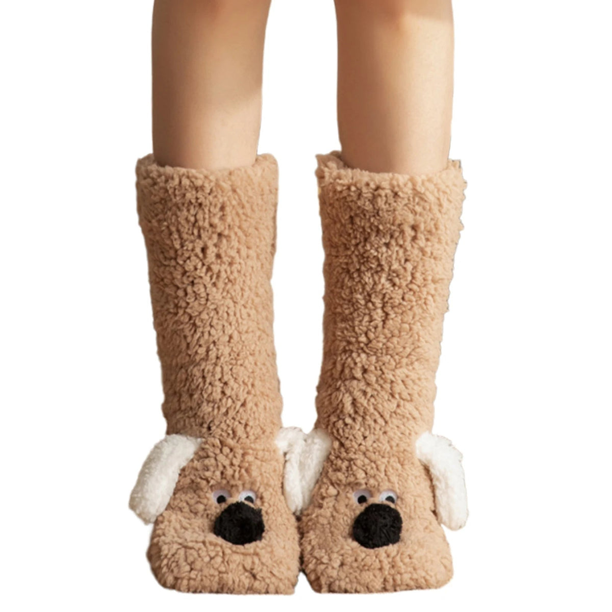 Cute Dog Fuzzy Socks Winter Fleece Leg Warmers with Fluffy Ears Embroidered Face One Size Slippers