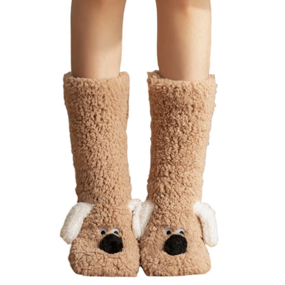 Cute Dog Fuzzy Socks Winter Fleece Leg Warmers with Fluffy Ears Embroidered Face One Size Slippers