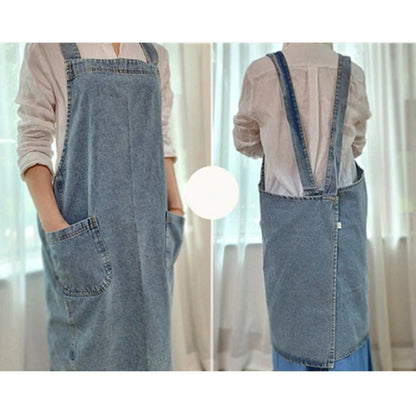 Casual Cotton Denim Apron with Deep Front Pockets for Cooking, Baking & Gardening
