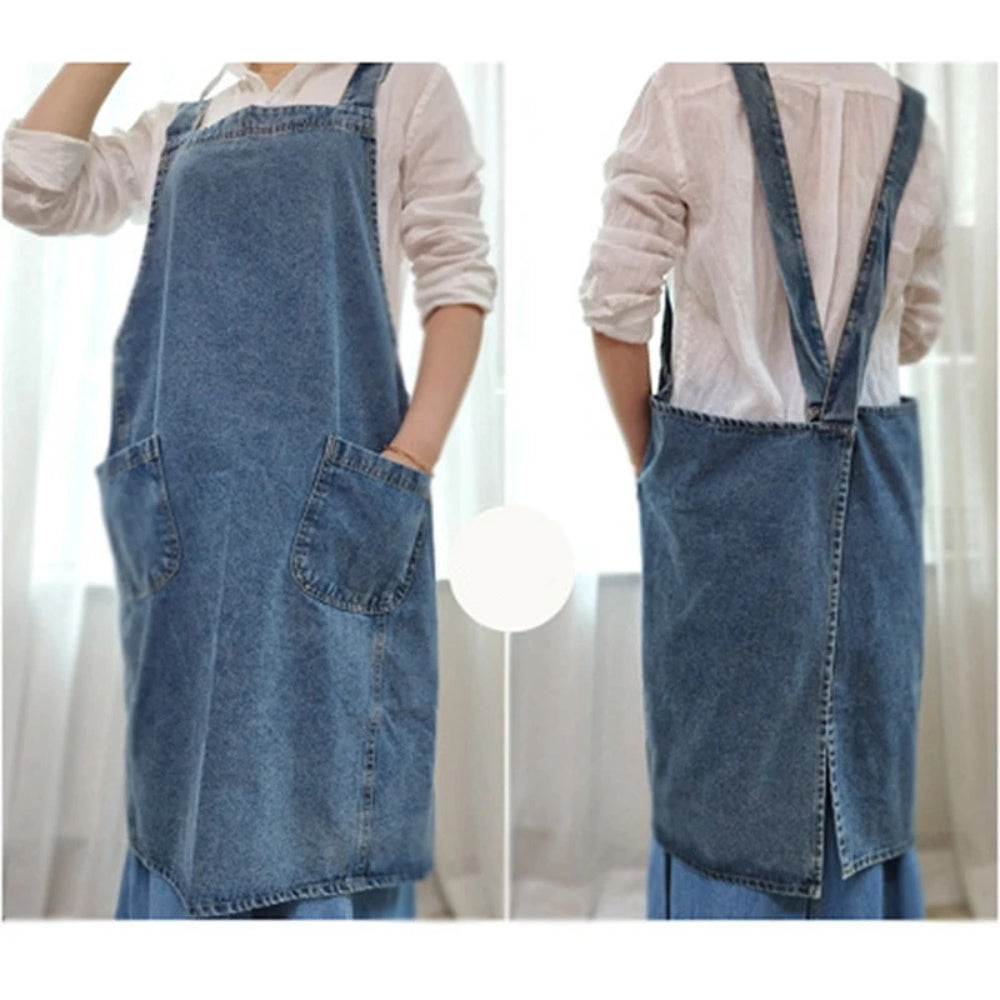 Casual Cotton Denim Apron with Deep Front Pockets for Cooking, Baking & Gardening