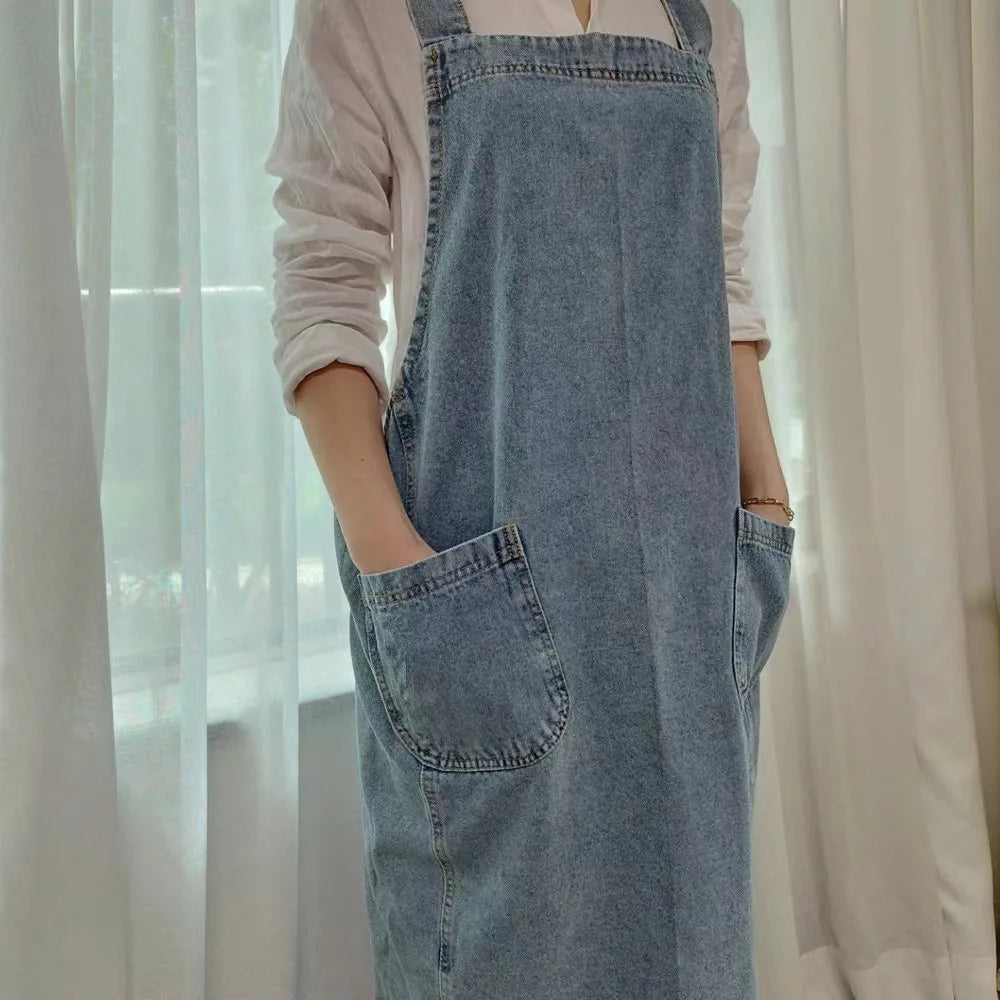 Casual Cotton Denim Apron with Deep Front Pockets for Cooking, Baking & Gardening