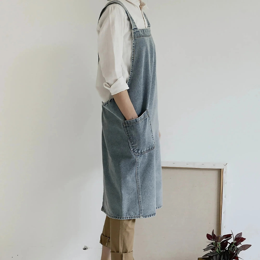 Casual Cotton Denim Apron with Deep Front Pockets for Cooking, Baking & Gardening