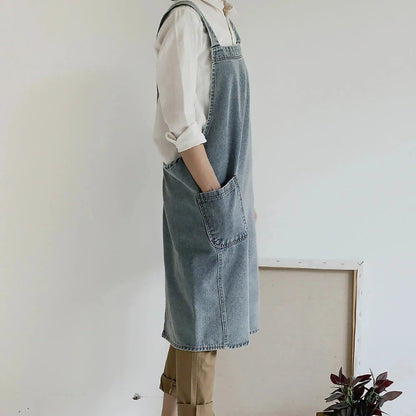 Casual Cotton Denim Apron with Deep Front Pockets for Cooking, Baking & Gardening