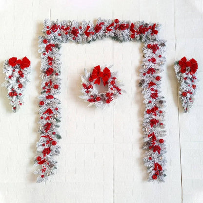 Christmas Door Wreath Set Flocked Greenery with Snowballs Red Berries Pinecones and Red Ribbons