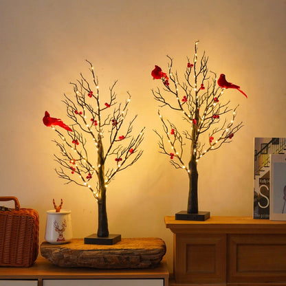 Battery Powered Glowing Cardinal Tree Copper Wire LED Lights Tabletop Christmas Decoration