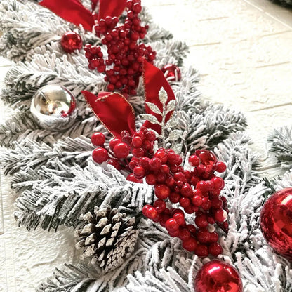 Christmas Door Wreath Set Flocked Greenery with Snowballs Red Berries Pinecones and Red Ribbons