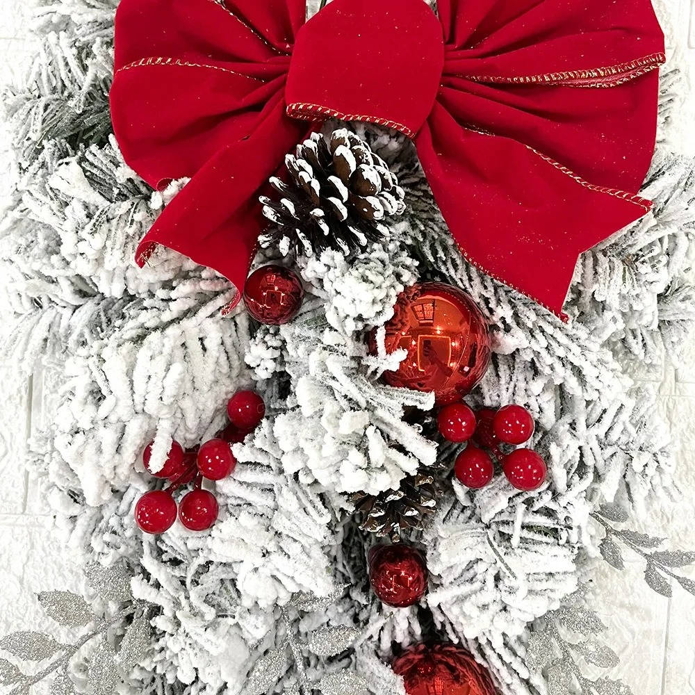 Christmas Door Wreath Set Flocked Greenery with Snowballs Red Berries Pinecones and Red Ribbons