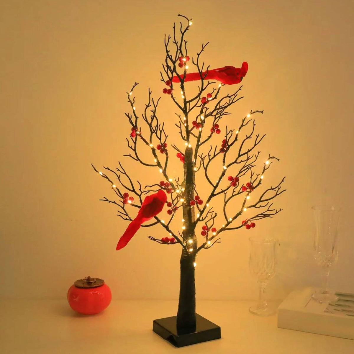 Battery Powered Glowing Cardinal Tree Copper Wire LED Lights Tabletop Christmas Decoration
