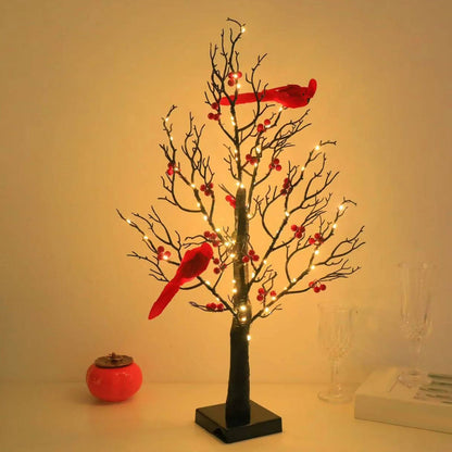 Battery Powered Glowing Cardinal Tree Copper Wire LED Lights Tabletop Christmas Decoration