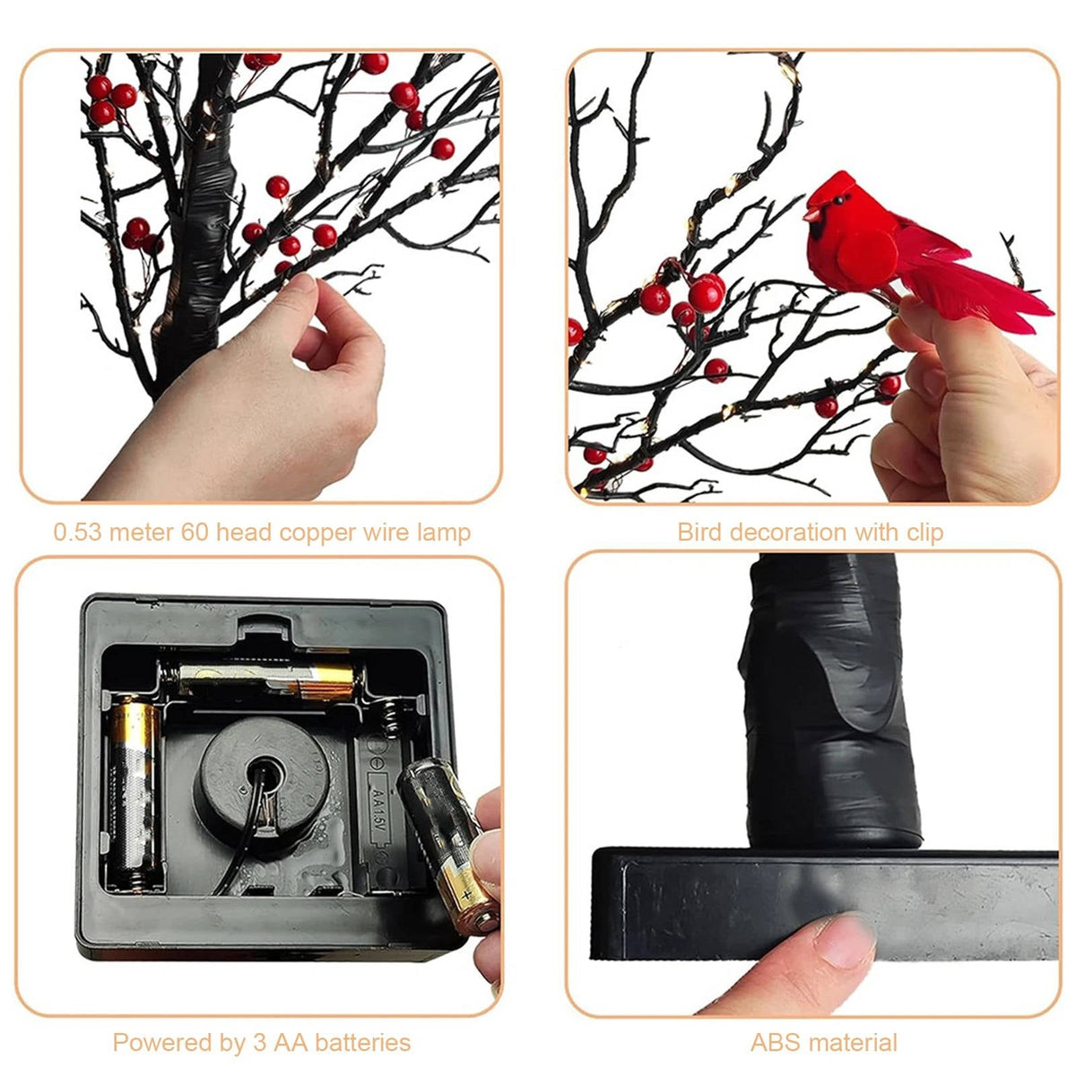 Battery Powered Glowing Cardinal Tree Copper Wire LED Lights Tabletop Christmas Decoration