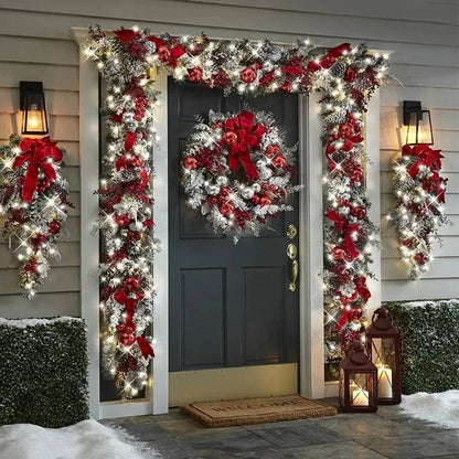 Christmas Door Wreath Set Flocked Greenery with Snowballs Red Berries Pinecones and Red Ribbons