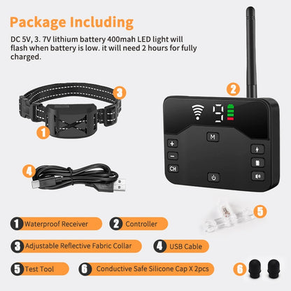 Wireless Dog Fence Collar System with 100 to 250 m Circular Boundary, Waterproof, Up to 3 Dogs