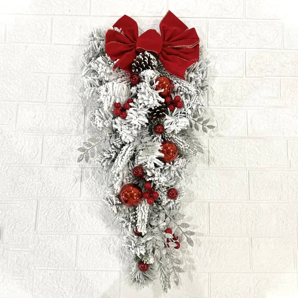 Christmas Door Wreath Set Flocked Greenery with Snowballs Red Berries Pinecones and Red Ribbons