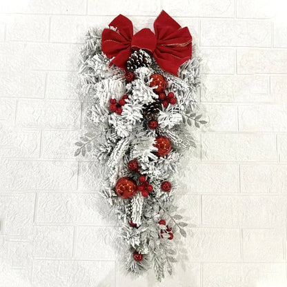 Christmas Door Wreath Set Flocked Greenery with Snowballs Red Berries Pinecones and Red Ribbons