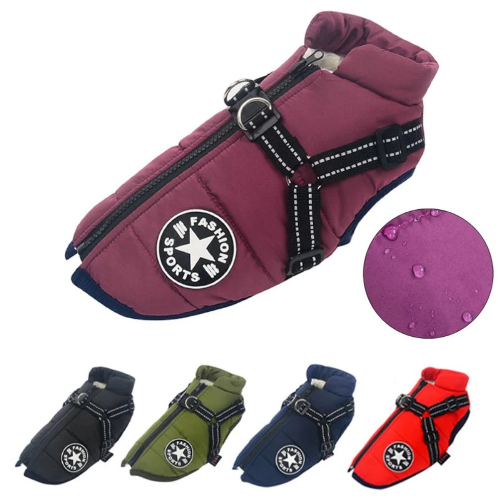 DryPaw Waterproof Dog Coat with Fleece Lining, Built-In Harness and Reflective Hood