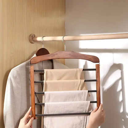 Wooden Multi Bar Trouser Hanger with Metal Hardware, Space Saving Closet Organiser for Trousers