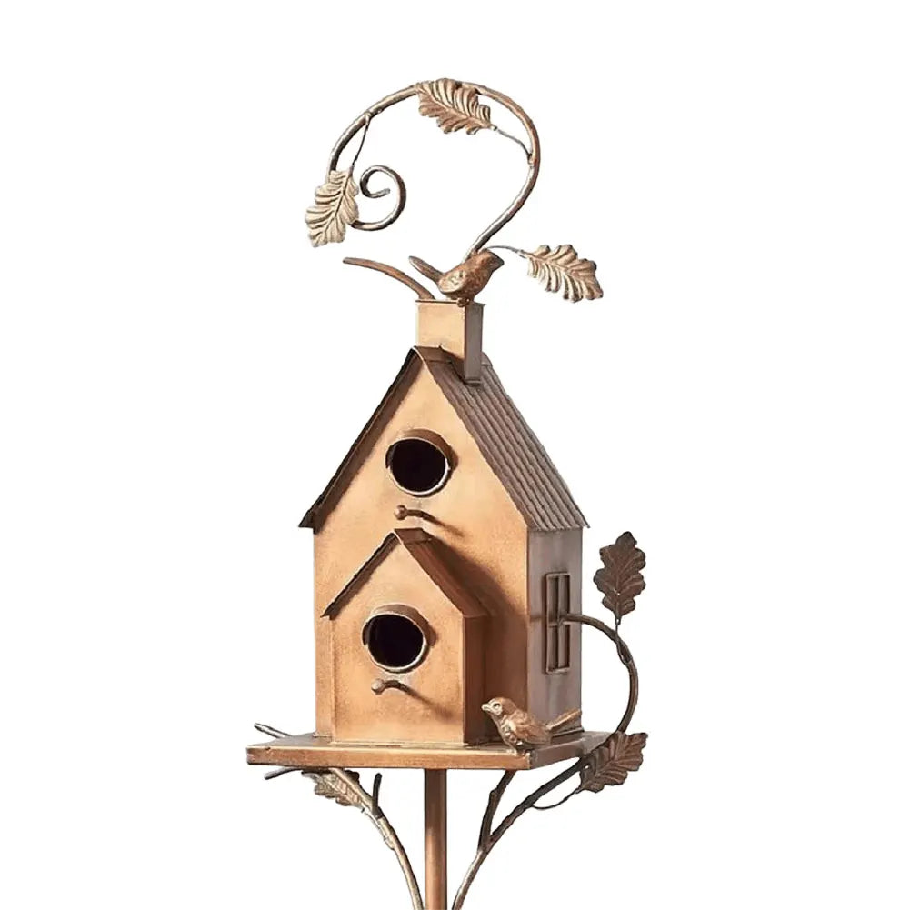 Metal Birdhouse on a Post - Weatherproof Garden & Patio Bird House Decor for Wildlife