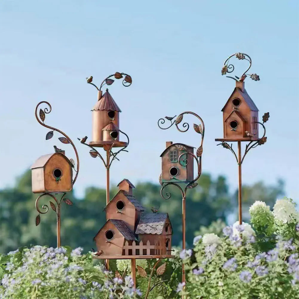 Metal Birdhouse on a Post - Weatherproof Garden & Patio Bird House Decor for Wildlife