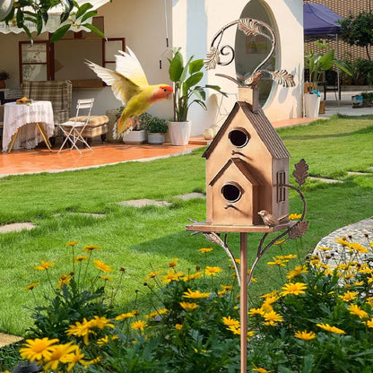 Metal Birdhouse on a Post - Weatherproof Garden & Patio Bird House Decor for Wildlife