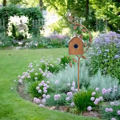 Metal Birdhouse on a Post - Weatherproof Garden & Patio Bird House Decor for Wildlife