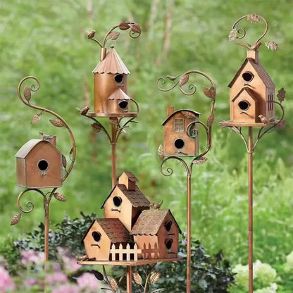 Metal Birdhouse on a Post - Weatherproof Garden & Patio Bird House Decor for Wildlife