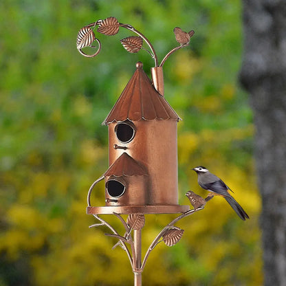 Metal Birdhouse on a Post - Weatherproof Garden & Patio Bird House Decor for Wildlife