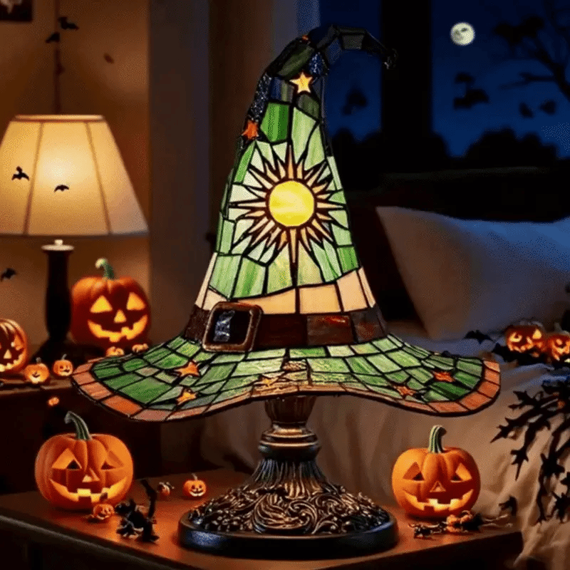 Witch Hat Stained Glass Lamp with Star and Sun Pattern, Tiffany Style Fantasy Accent Lamp in 2 Sizes