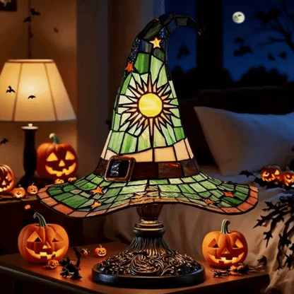 Witch Hat Stained Glass Lamp with Star and Sun Pattern, Tiffany Style Fantasy Accent Lamp in 2 Sizes