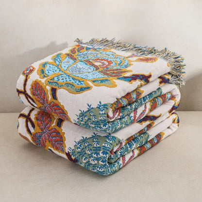 Reversible Jacquard Cotton Throw Blanket with Floral Garden Pattern for Sofa & Bed