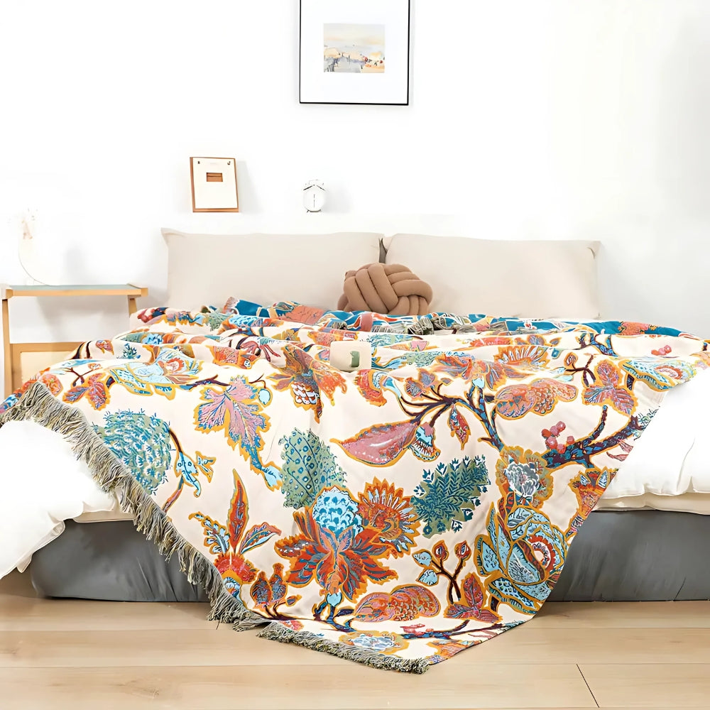 Reversible Jacquard Cotton Throw Blanket with Floral Garden Pattern for Sofa & Bed