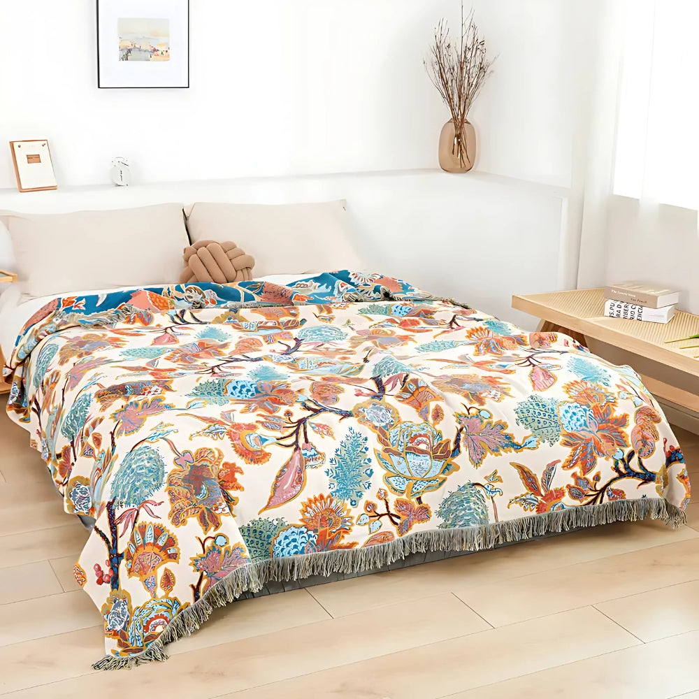 Reversible Jacquard Cotton Throw Blanket with Floral Garden Pattern for Sofa & Bed