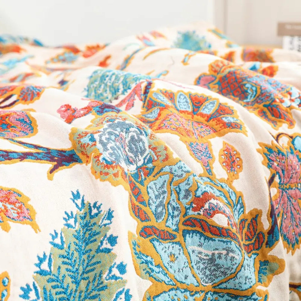 Reversible Jacquard Cotton Throw Blanket with Floral Garden Pattern for Sofa & Bed
