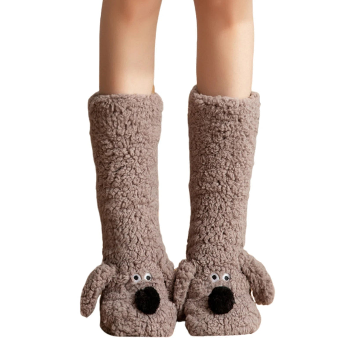 Cute Dog Fuzzy Socks Winter Fleece Leg Warmers with Fluffy Ears Embroidered Face One Size Slippers