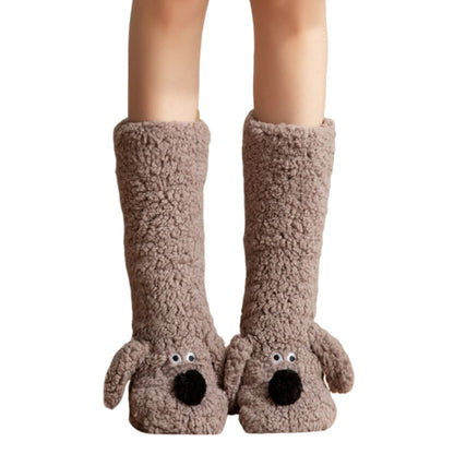 Cute Dog Fuzzy Socks Winter Fleece Leg Warmers with Fluffy Ears Embroidered Face One Size Slippers