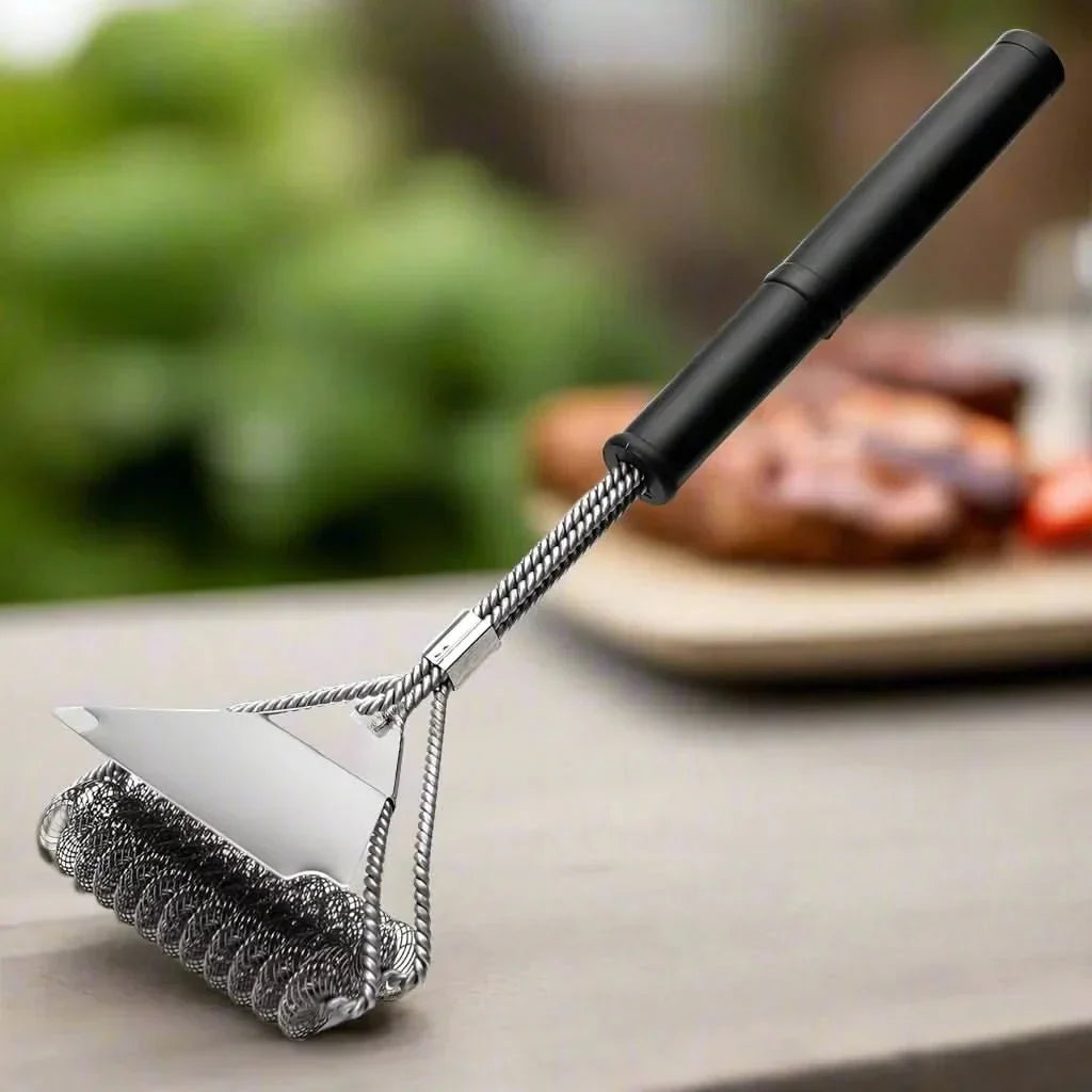 Bristle-Free Stainless Steel BBQ Brush - 3-Head Grill Cleaning Scraper