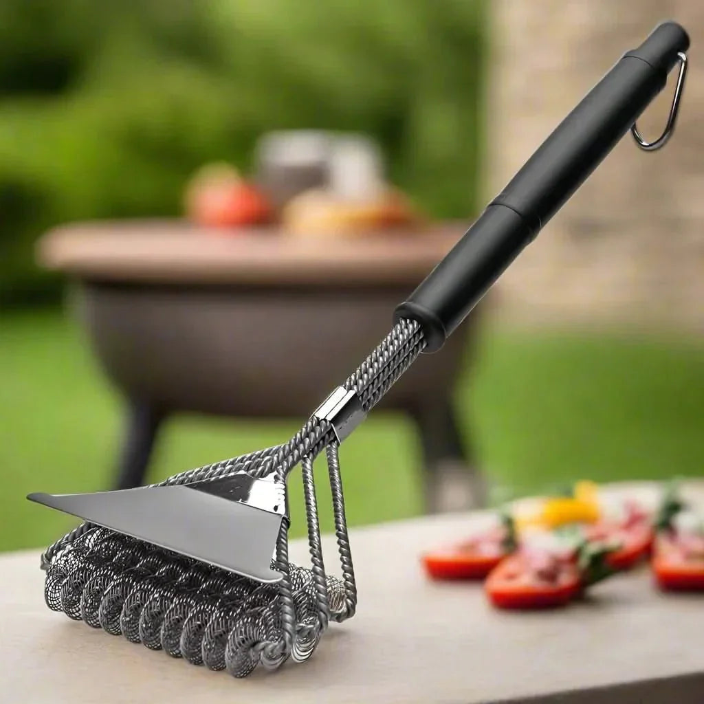 Bristle-Free Stainless Steel BBQ Brush - 3-Head Grill Cleaning Scraper